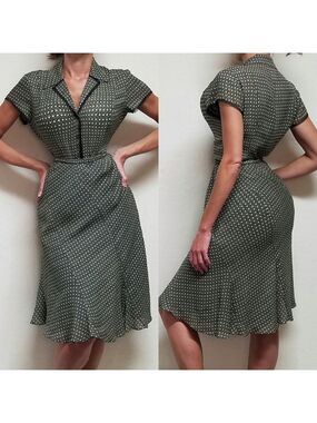 𝅺VINTAGE Y2K Jones New York Silk Black Polka-dot Web Blouse Skirt Two-Piece Set